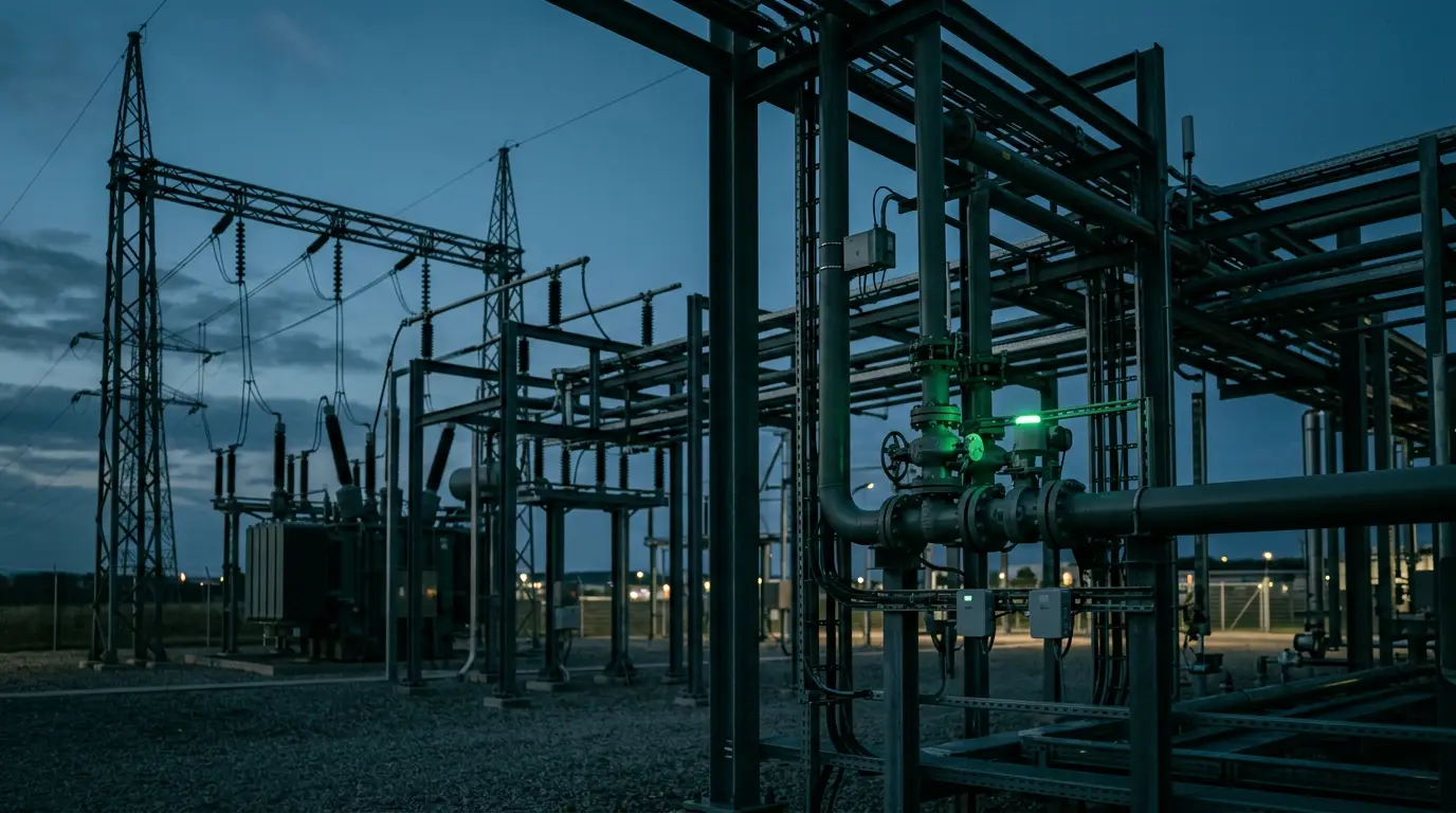 Modern electrical substation and industrial pipework monitored at dusk